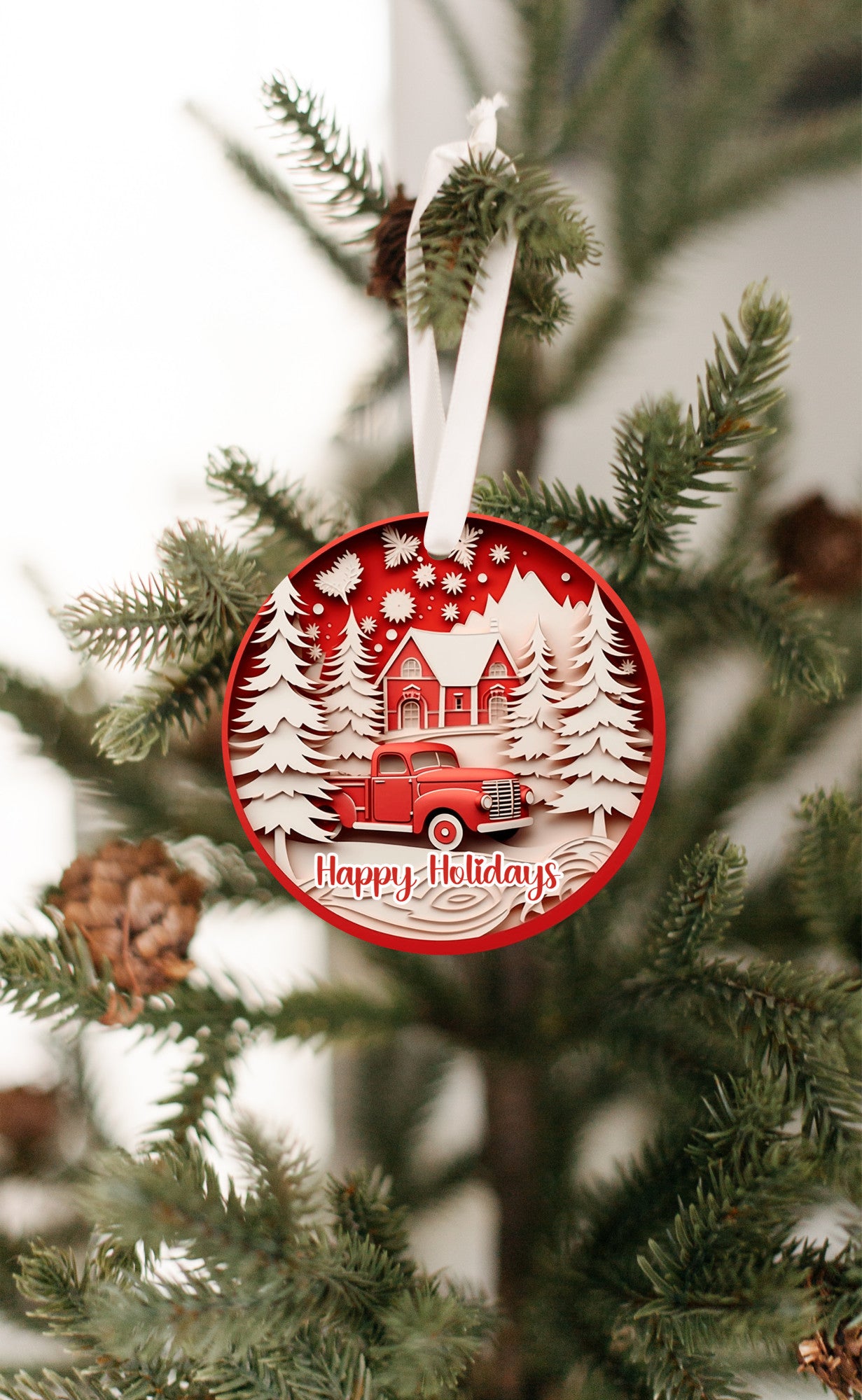 Red Truck 3D Christmas Ornament, Happy Holidays, Winter scene, Home Decor