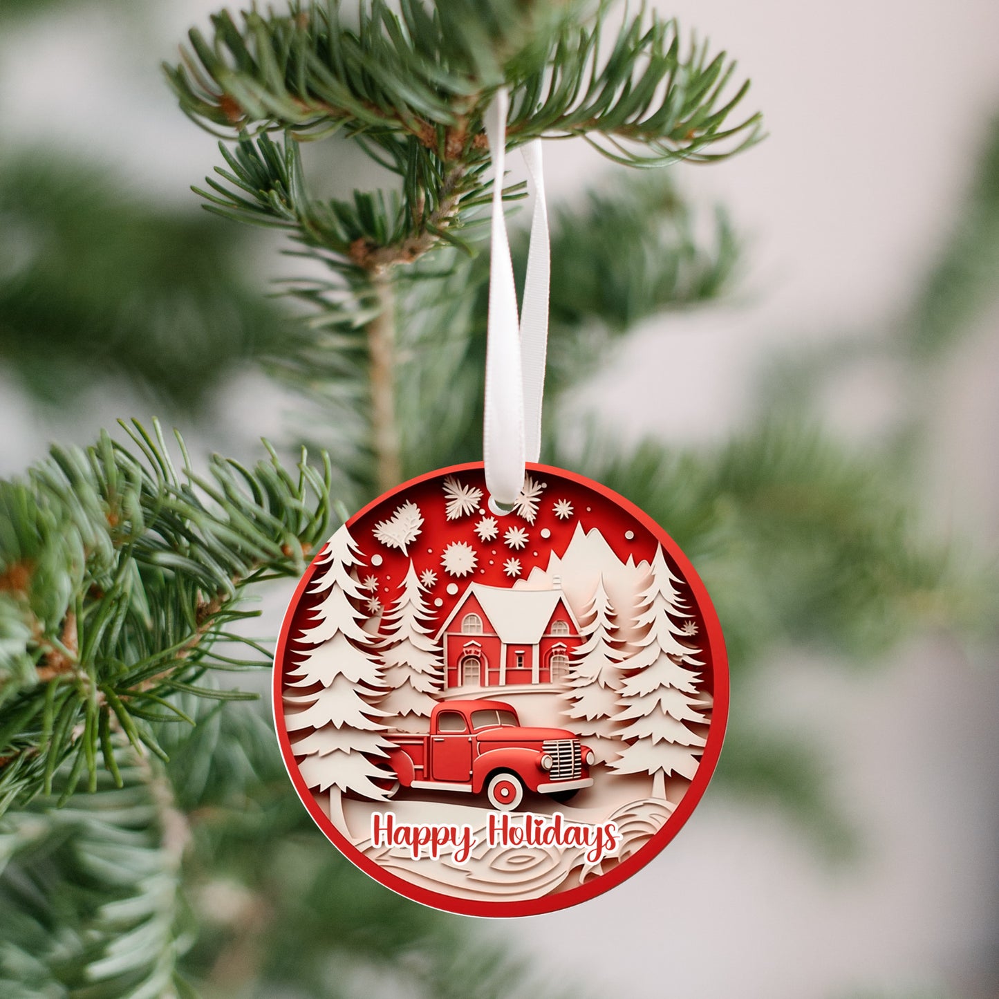 Red Truck 3D Christmas Ornament, Happy Holidays, Winter scene, Home Decor