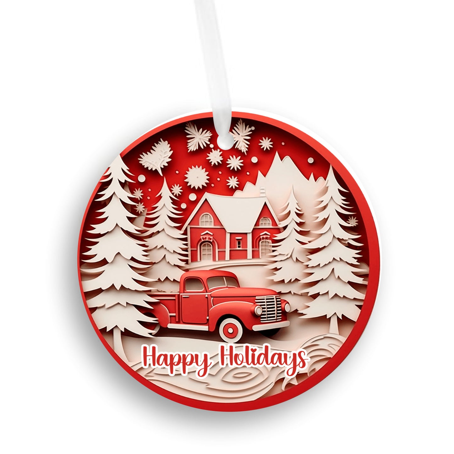 Red Truck 3D Christmas Ornament, Happy Holidays, Winter scene, Home Decor