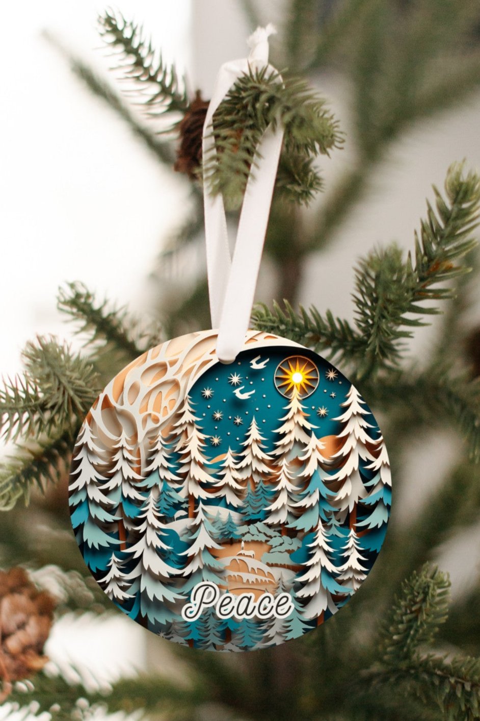 Christmas Peace Ornament, Dark Seafoam Blue 3D Scenic Winter Scene