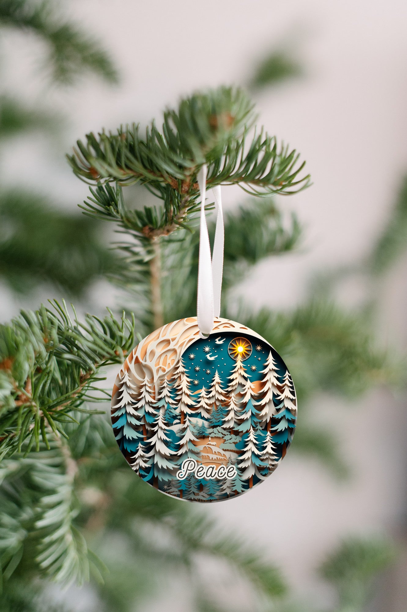 Christmas Peace Ornament, Dark Seafoam Blue 3D Scenic Winter Scene