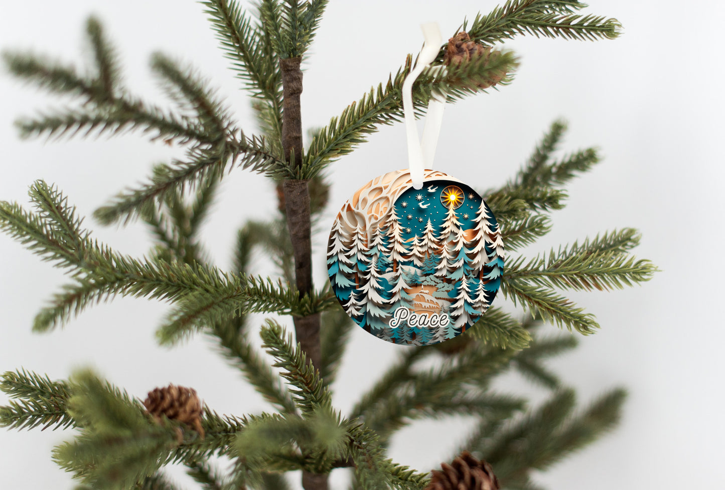 Christmas Peace Ornament, Dark Seafoam Blue 3D Scenic Winter Scene