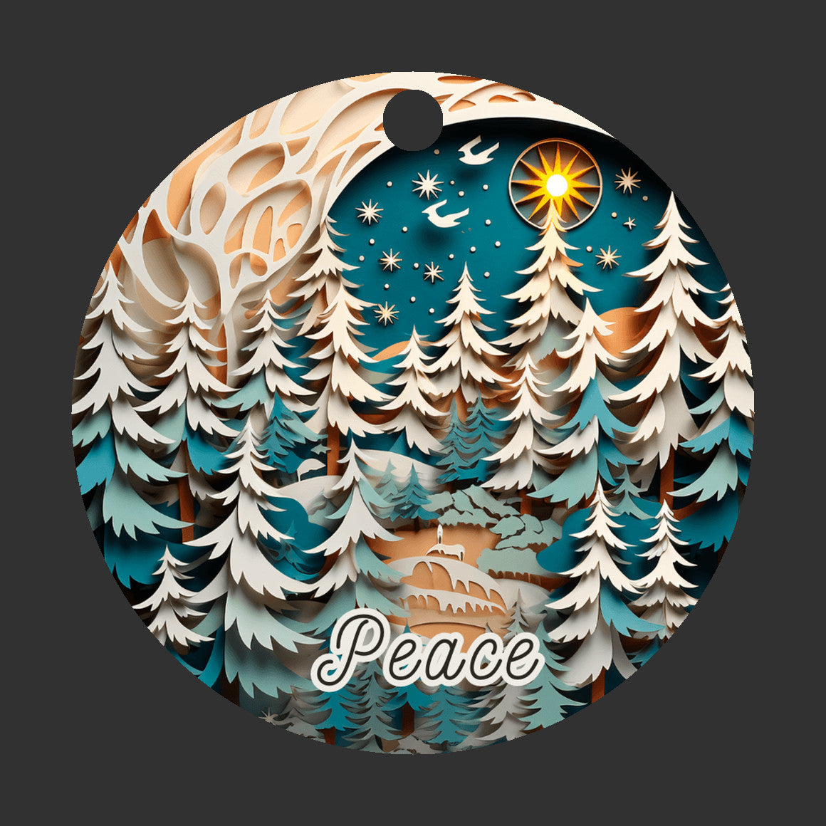 Christmas Peace Ornament, Dark Seafoam Blue 3D Scenic Winter Scene