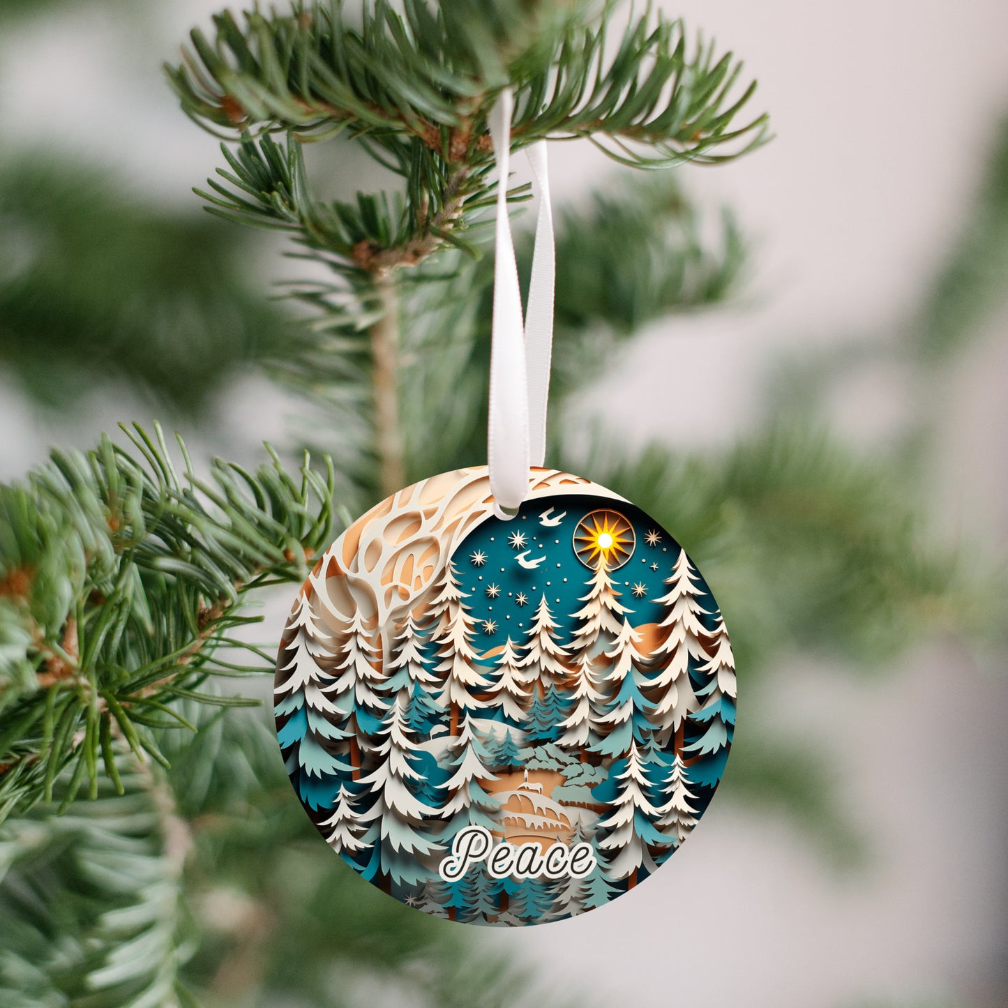 Christmas Peace Ornament, Dark Seafoam Blue 3D Scenic Winter Scene