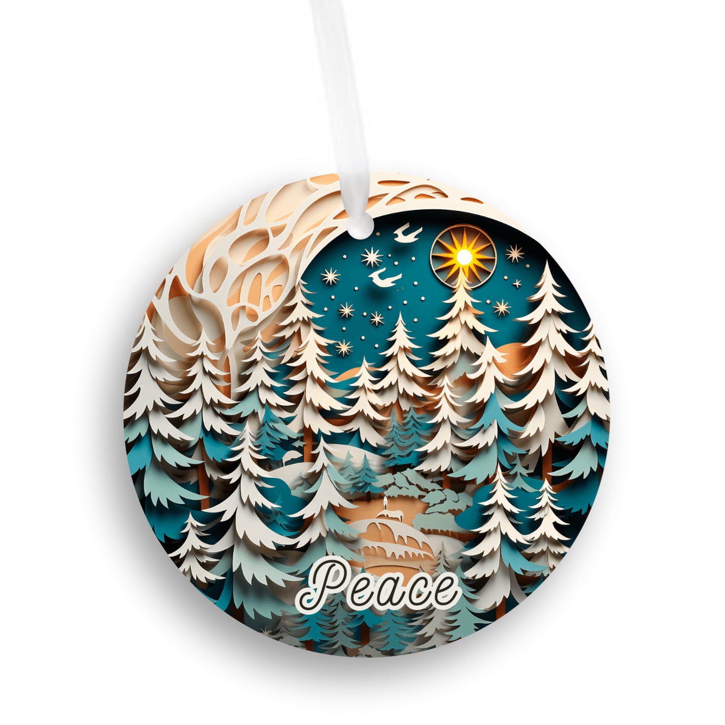 Christmas Peace Ornament, Dark Seafoam Blue 3D Scenic Winter Scene