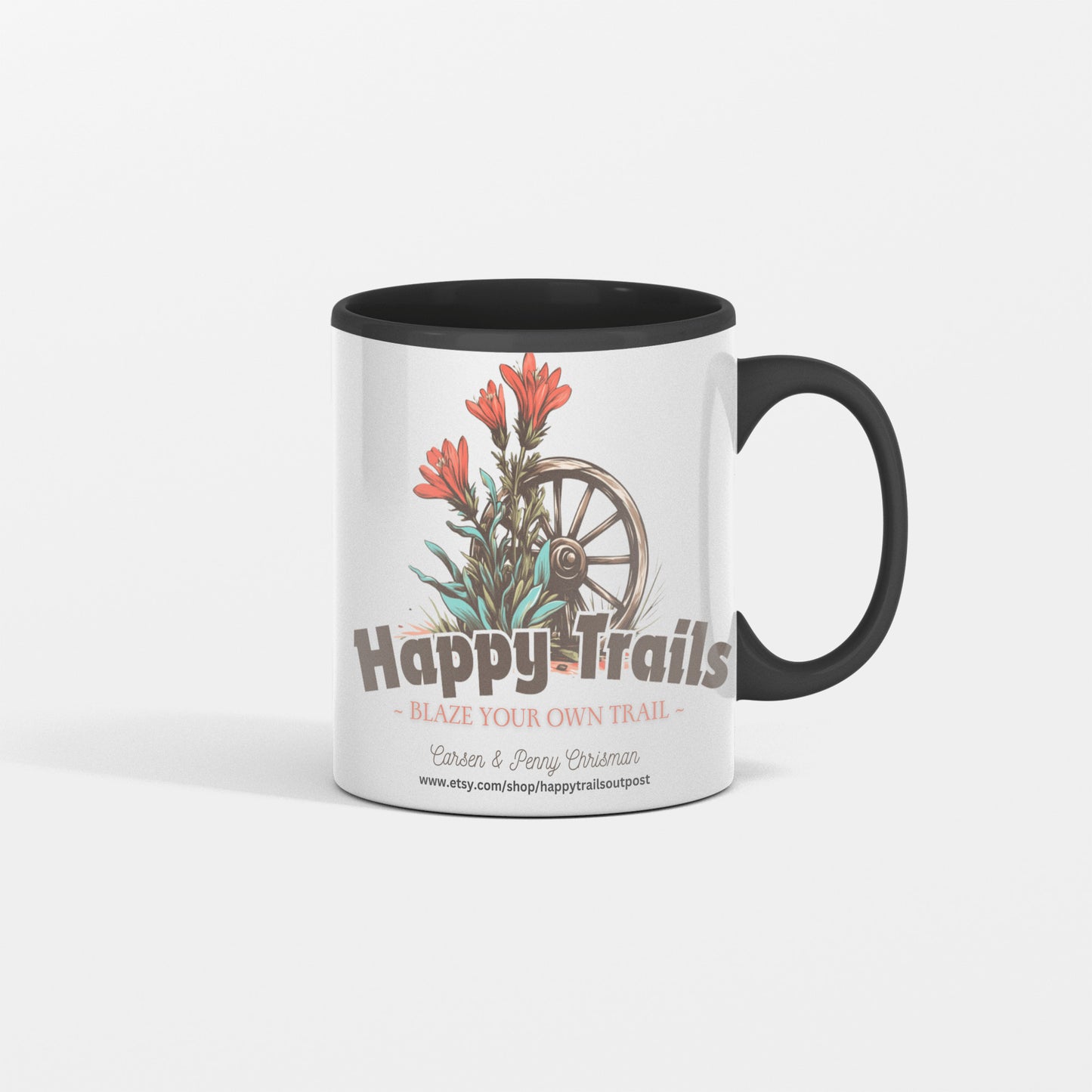 Happy Trails Mug, Blaze Your own Trail, Featuring our Shop Logo, Enjoy the Ride