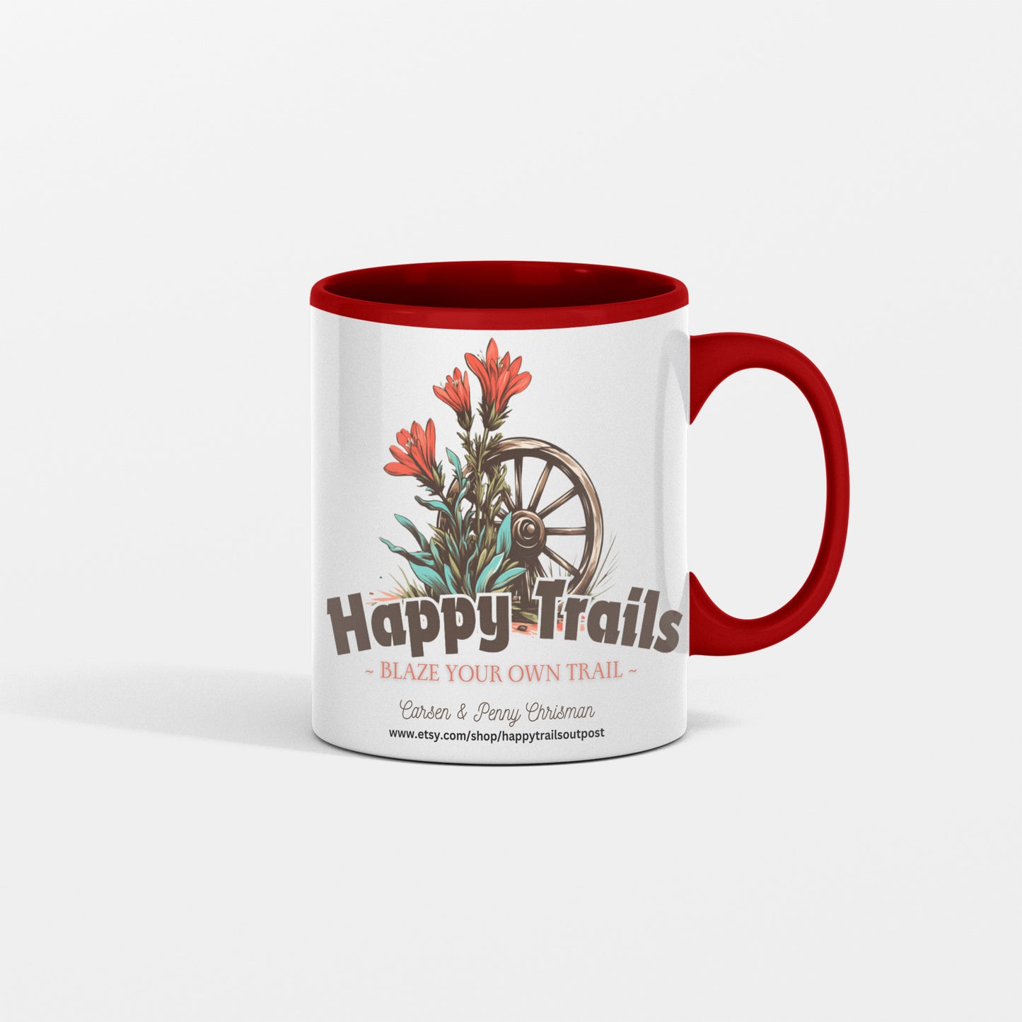 Happy Trails Mug, Blaze Your own Trail, Featuring our Shop Logo, Enjoy the Ride