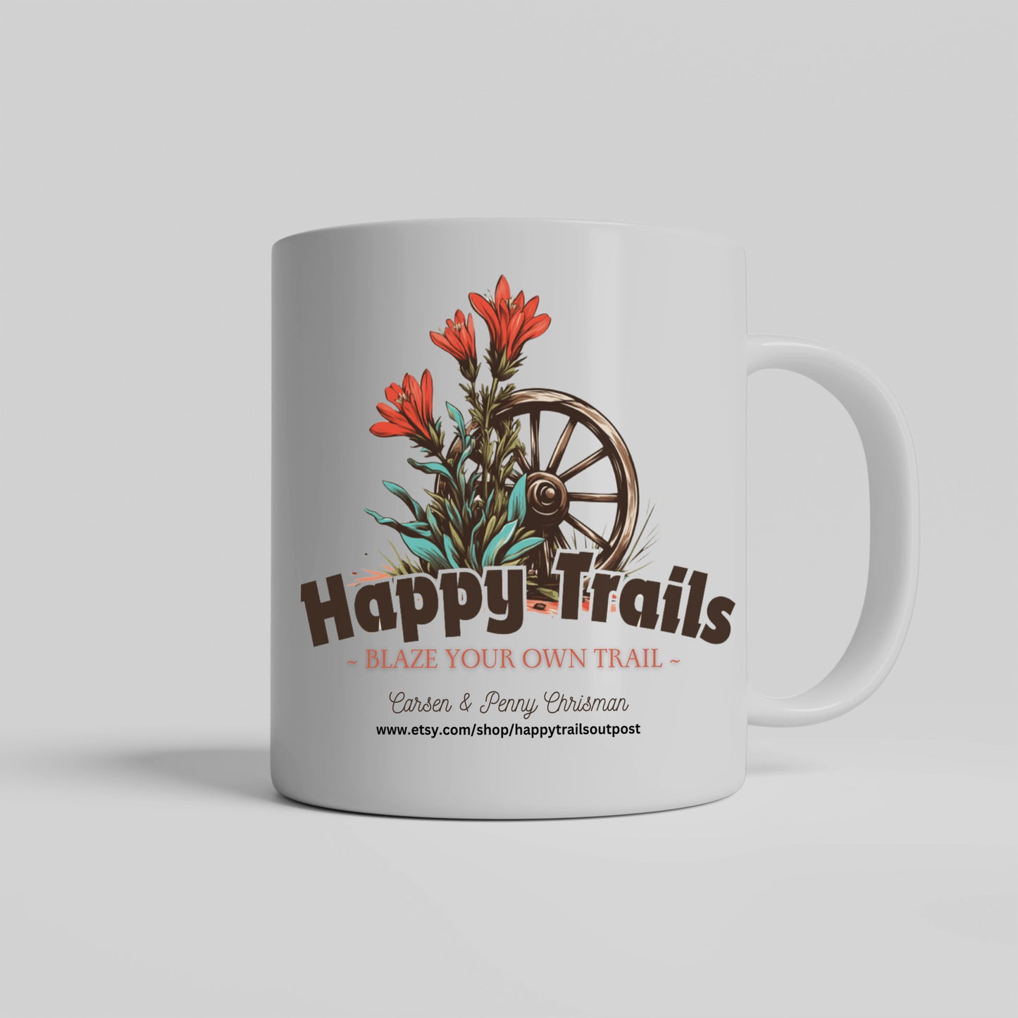 Happy Trails Mug, Blaze Your own Trail, Featuring our Shop Logo, Enjoy the Ride