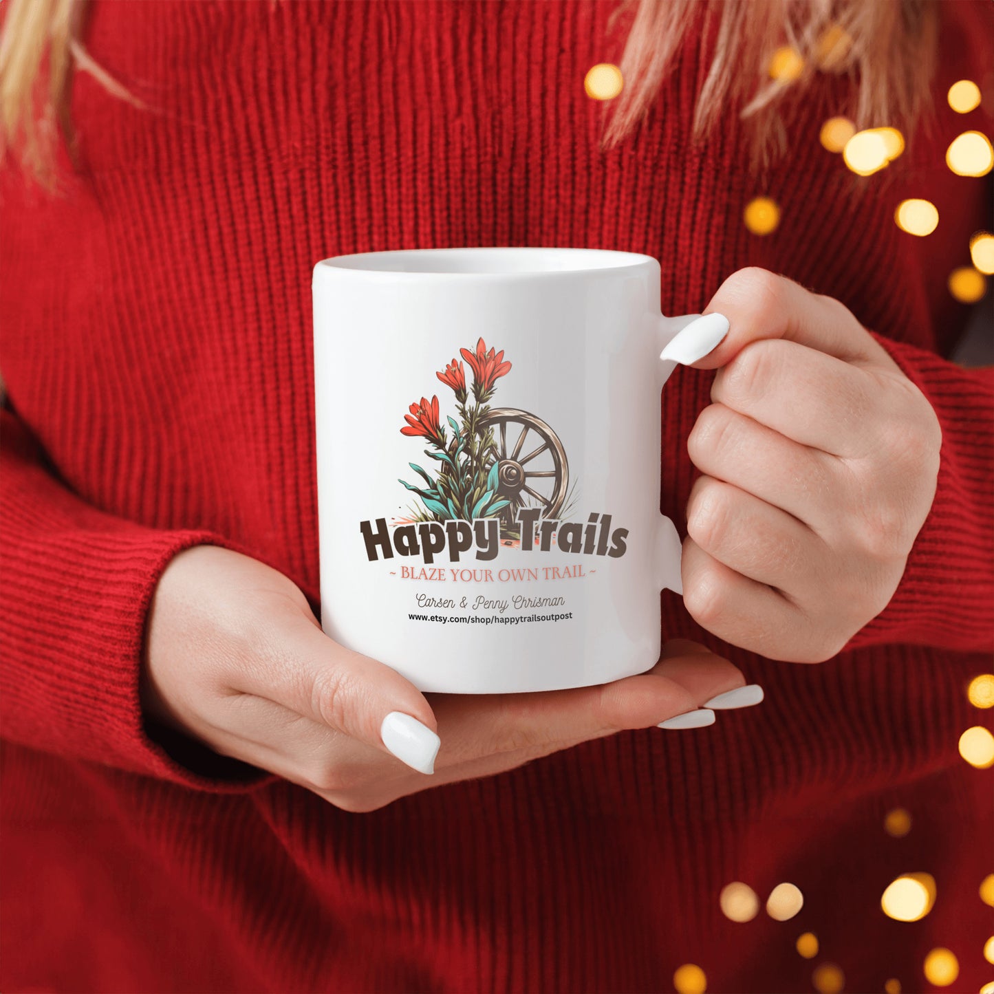 Happy Trails Mug, Blaze Your own Trail, Featuring our Shop Logo, Enjoy the Ride