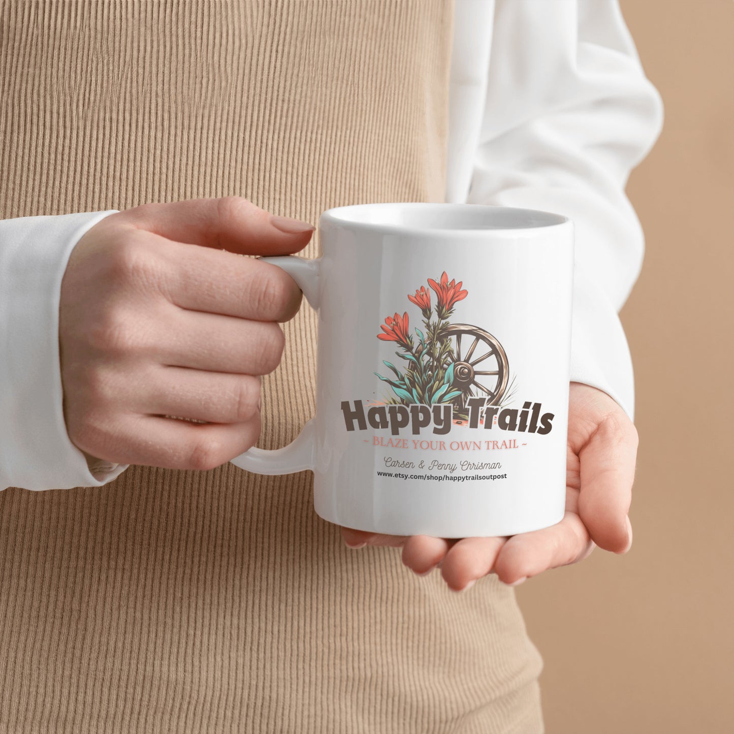 Happy Trails Mug, Blaze Your own Trail, Featuring our Shop Logo, Enjoy the Ride