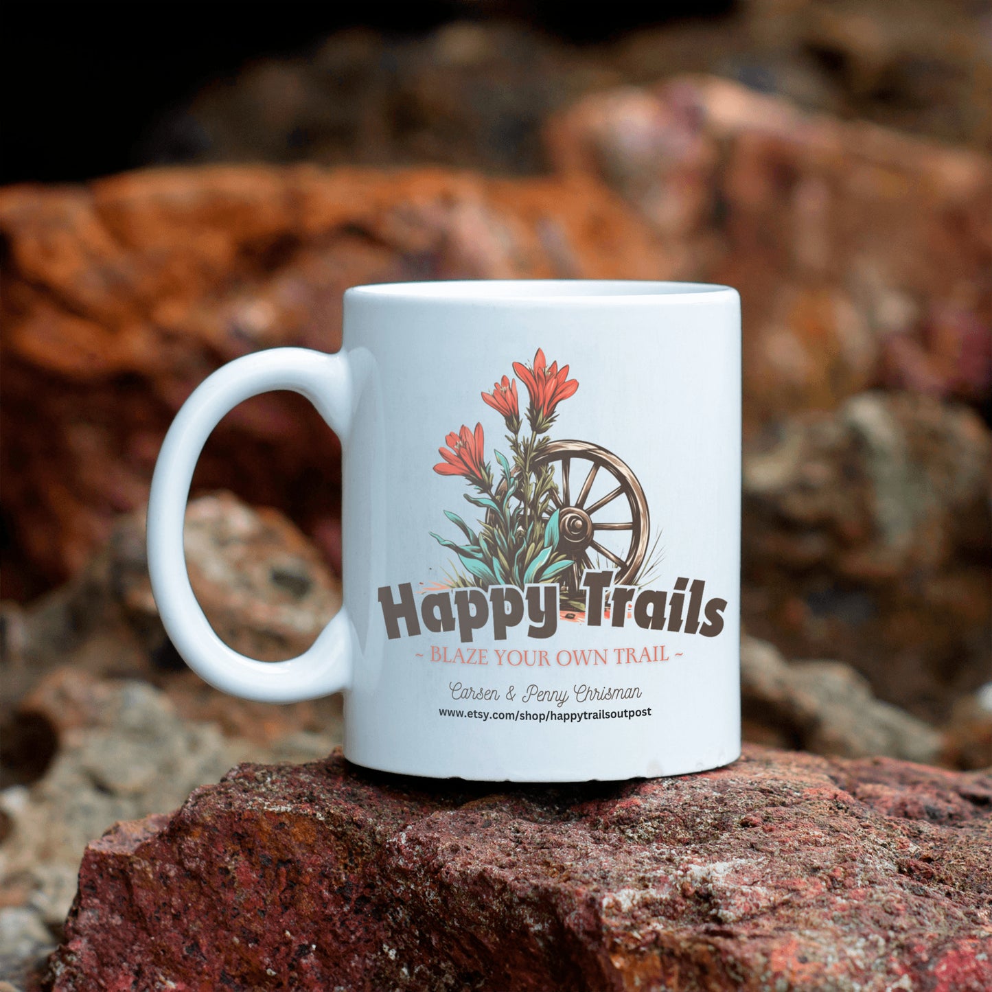 Happy Trails Mug, Blaze Your own Trail, Featuring our Shop Logo, Enjoy the Ride