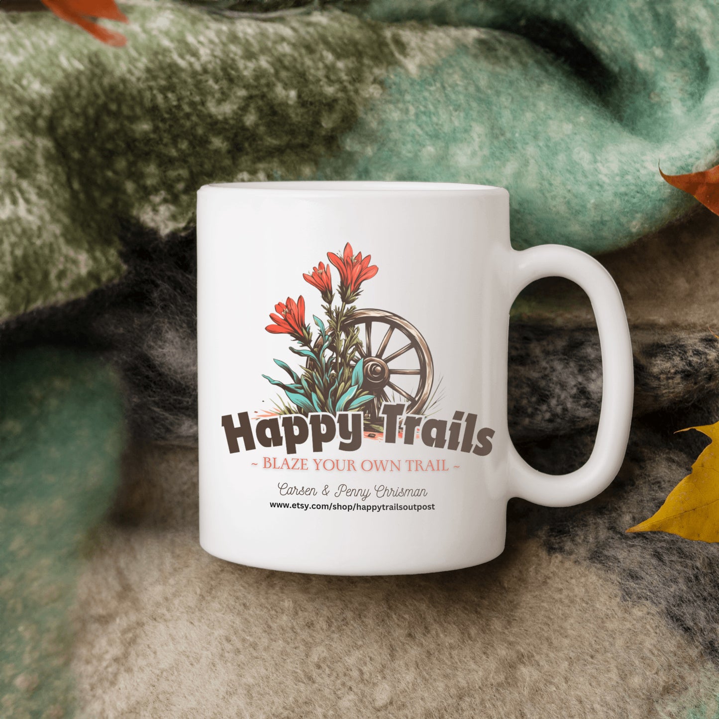 Happy Trails Mug, Blaze Your own Trail, Featuring our Shop Logo, Enjoy the Ride