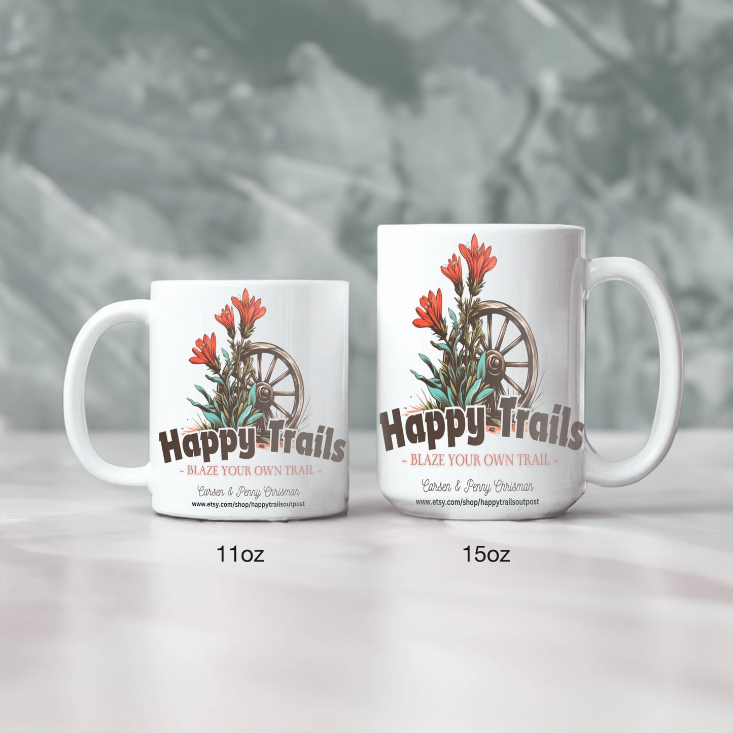 Happy Trails Mug, Blaze Your own Trail, Featuring our Shop Logo, Enjoy the Ride