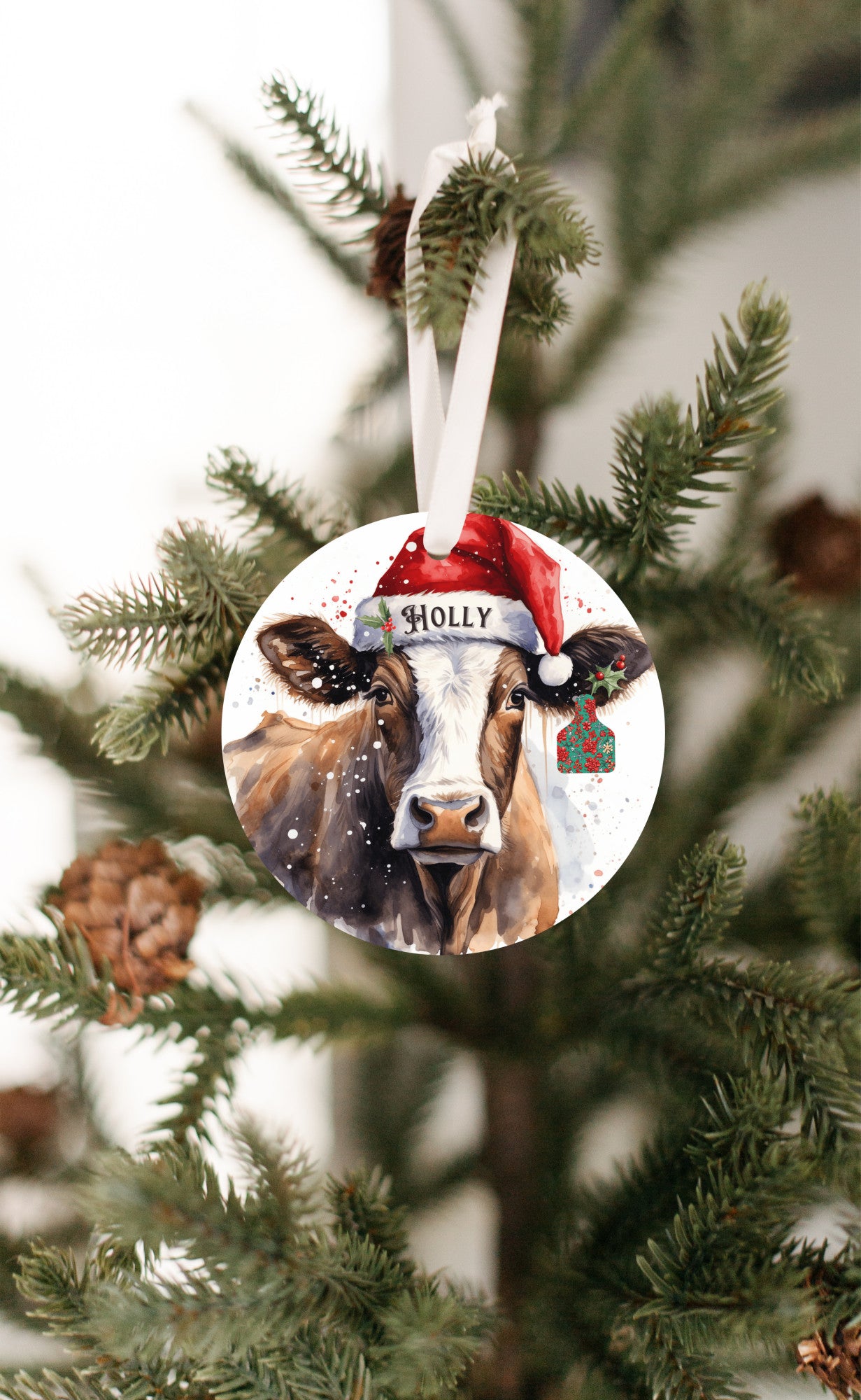 Holly the Cow Christmas Ornament with matching Ear Tag, Christmas Tree Ornament Gift for cow lovers