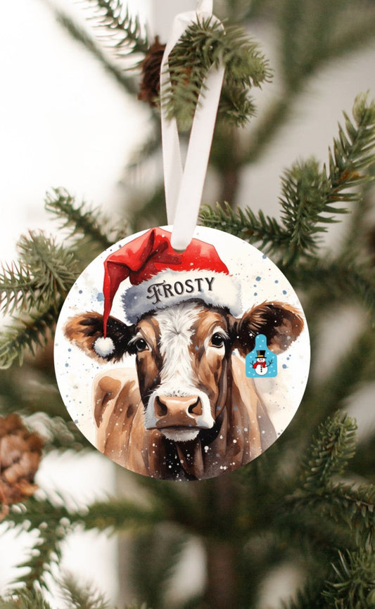 Christmas Cow Ornament with her matching Frosty Ear Tag and Santa Hat, Gift for cow lovers, Country Christmas