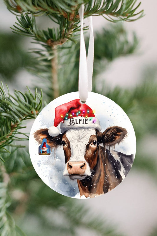 Christmas Cow Elfie Ornament, Cow Series Ornament, Elfie Cow with Eartag