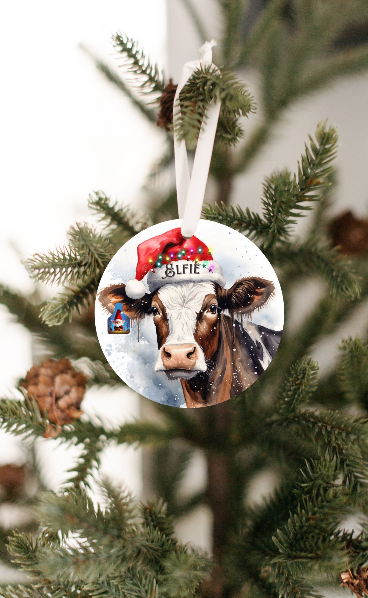 Christmas Cow Elfie Ornament, Cow Series Ornament, Elfie Cow with Eartag