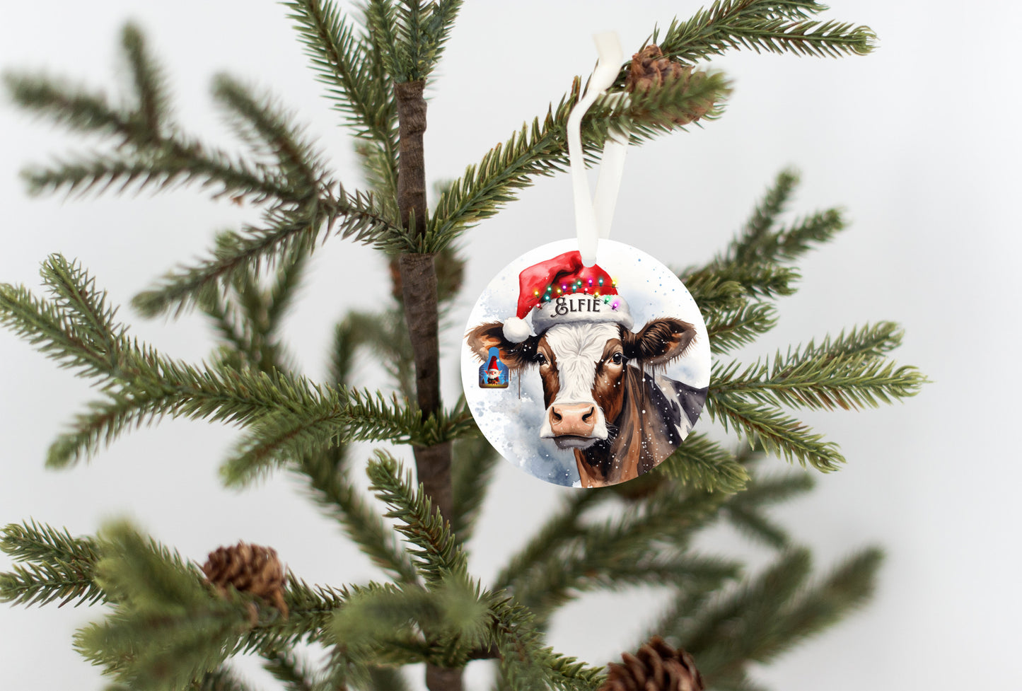 Christmas Cow Elfie Ornament, Cow Series Ornament, Elfie Cow with Eartag