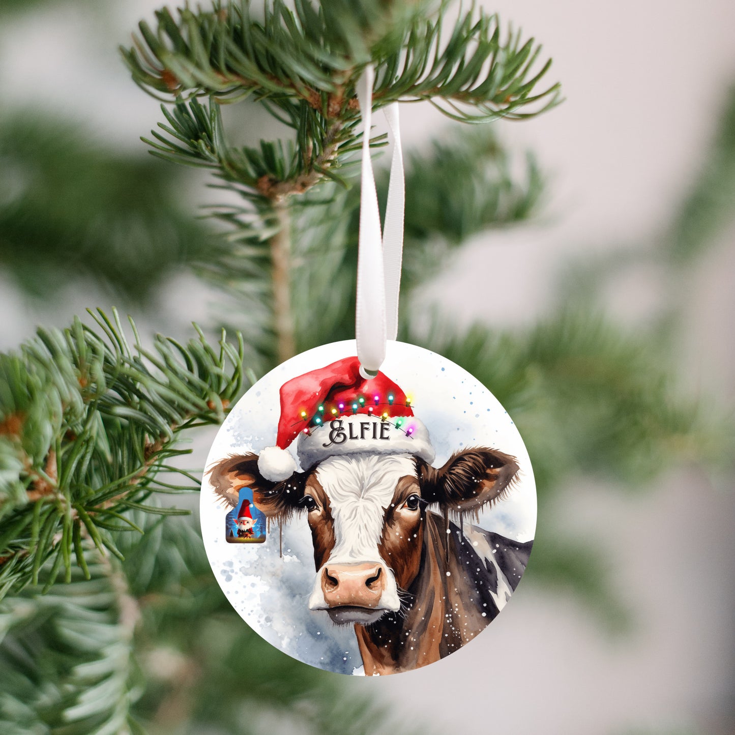 Christmas Cow Elfie Ornament, Cow Series Ornament, Elfie Cow with Eartag