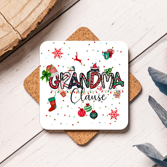 Grandma Clause Christmas Coaster, Special gift to give Grandma, coffee coaster with patterned Lettering, Pairs with Grandma Clause Christmas Mug