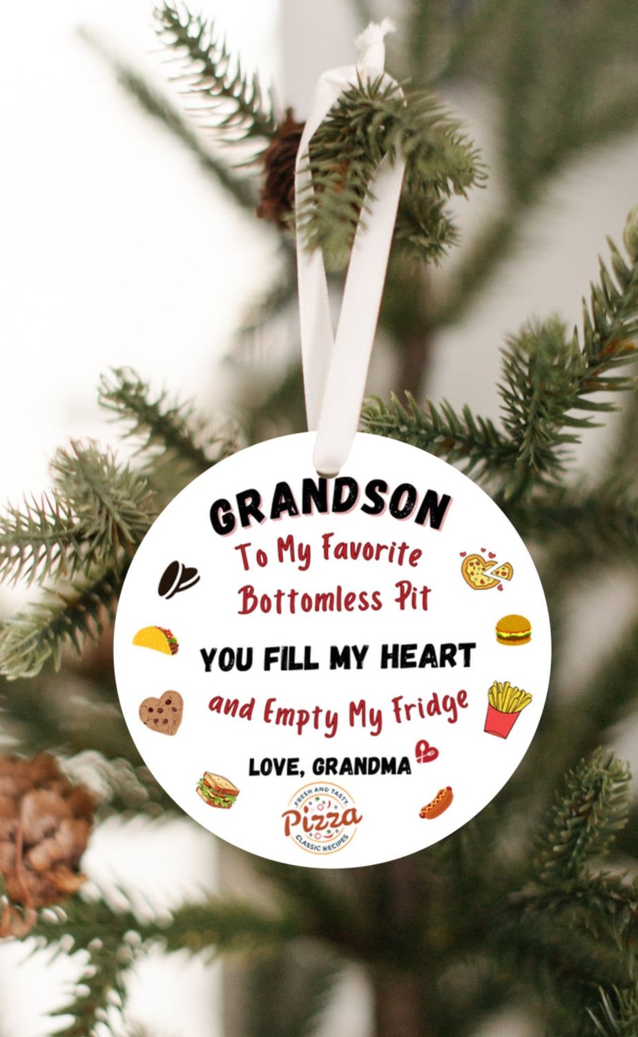 Grandson Ornament, With a bottomless pit, Empties Grandma's fridge, Foodie, Humorous Grandson Gift, Christmas Ornament