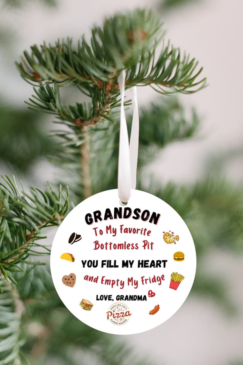 Grandson Ornament, With a bottomless pit, Empties Grandma's fridge, Foodie, Humorous Grandson Gift, Christmas Ornament