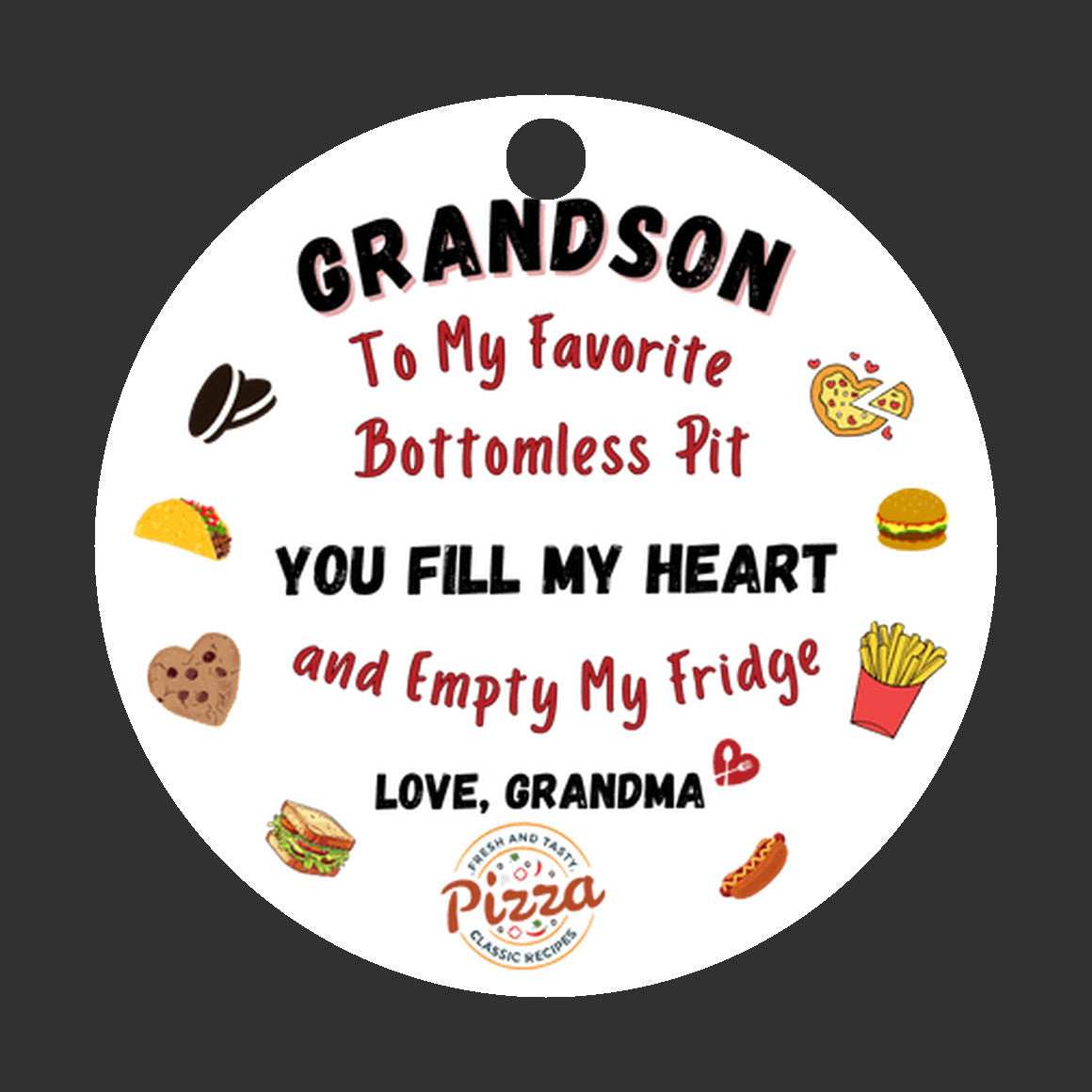 Grandson Ornament, With a bottomless pit, Empties Grandma's fridge, Foodie, Humorous Grandson Gift, Christmas Ornament