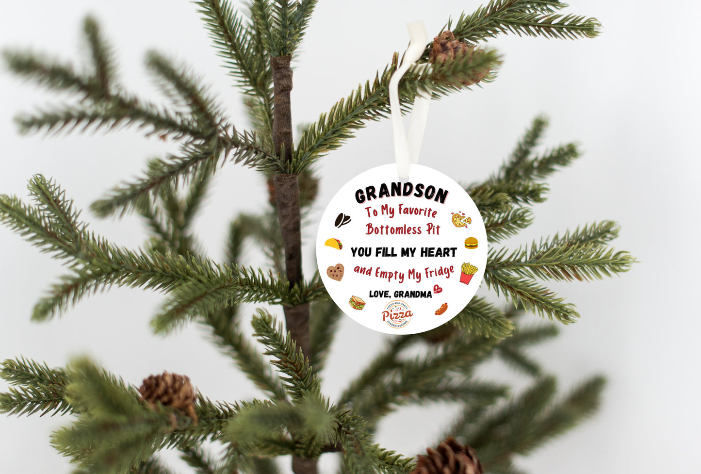 Grandson Ornament, With a bottomless pit, Empties Grandma's fridge, Foodie, Humorous Grandson Gift, Christmas Ornament