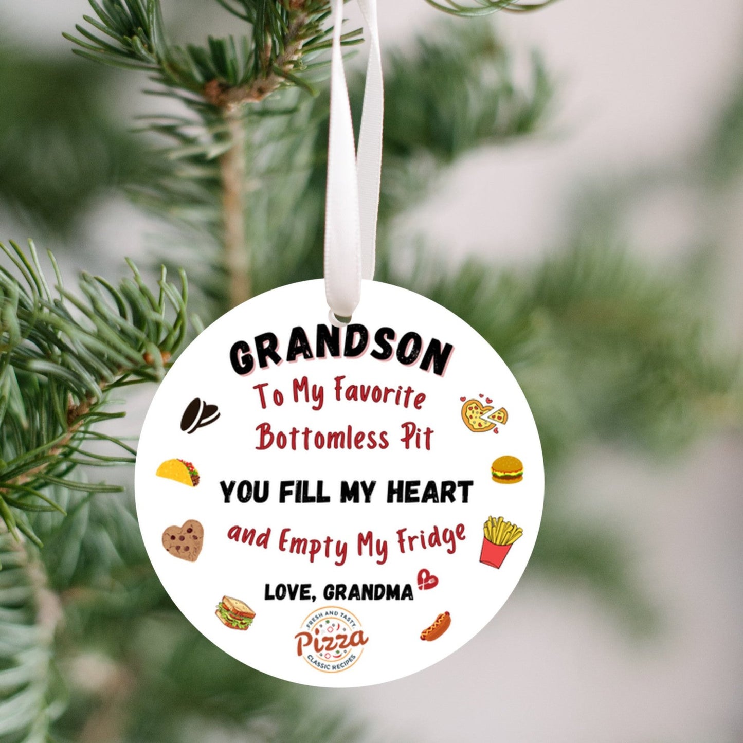 Grandson Ornament, With a bottomless pit, Empties Grandma's fridge, Foodie, Humorous Grandson Gift, Christmas Ornament