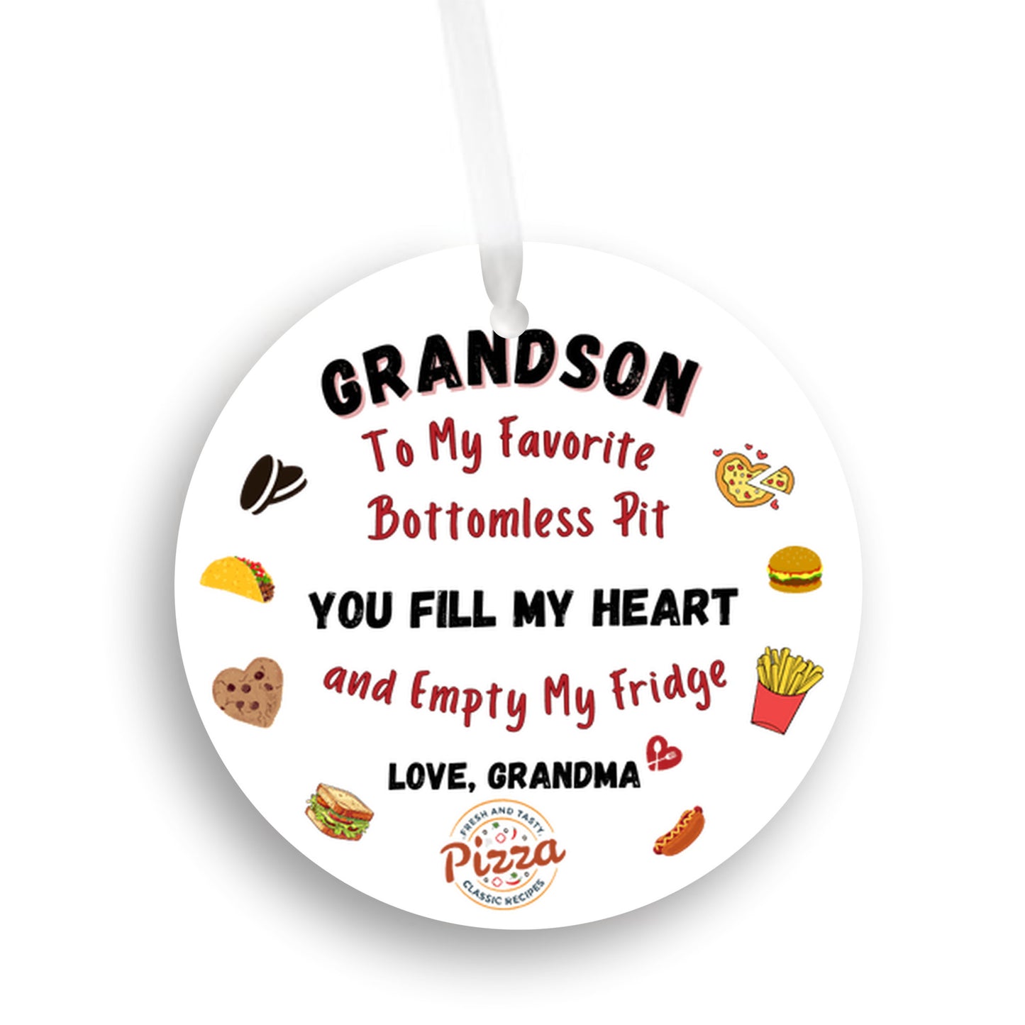 Grandson Ornament, With a bottomless pit, Empties Grandma's fridge, Foodie, Humorous Grandson Gift, Christmas Ornament