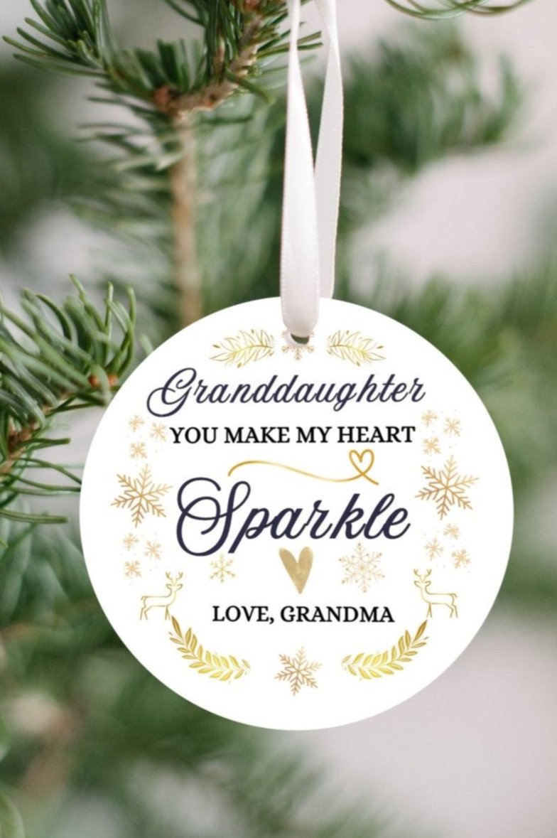 Granddaughter Christmas Ornament, From Grandma, You make my heart sparkle, Elegant script with delicate snowflakes and sparkles.  Brings warmth and joy. Family Keepsake