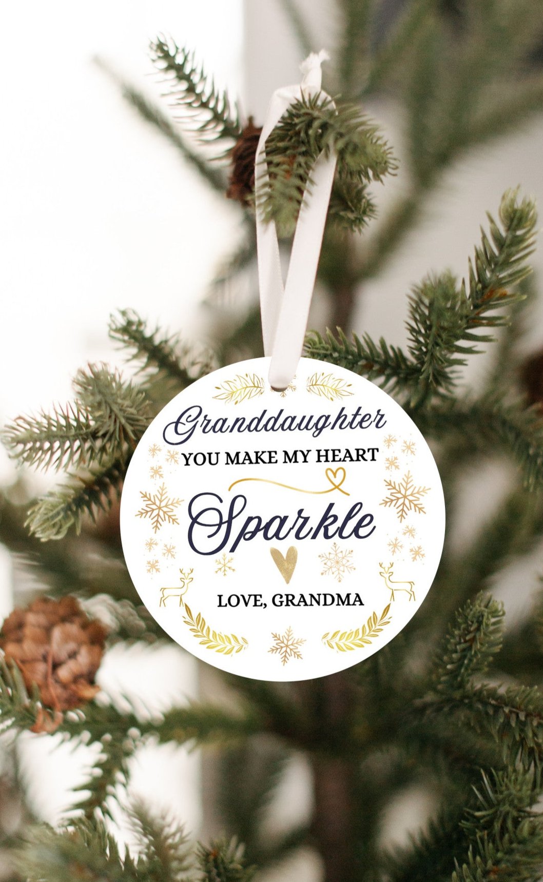 Granddaughter Christmas Ornament, From Grandma, You make my heart sparkle, Elegant script with delicate snowflakes and sparkles.  Brings warmth and joy. Family Keepsake