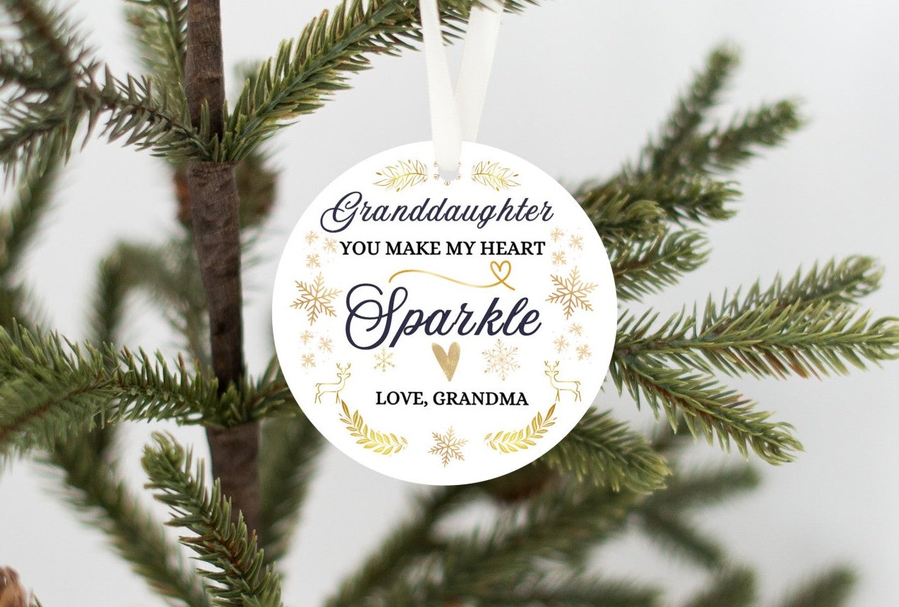 Granddaughter Christmas Ornament, From Grandma, You make my heart sparkle, Elegant script with delicate snowflakes and sparkles.  Brings warmth and joy. Family Keepsake