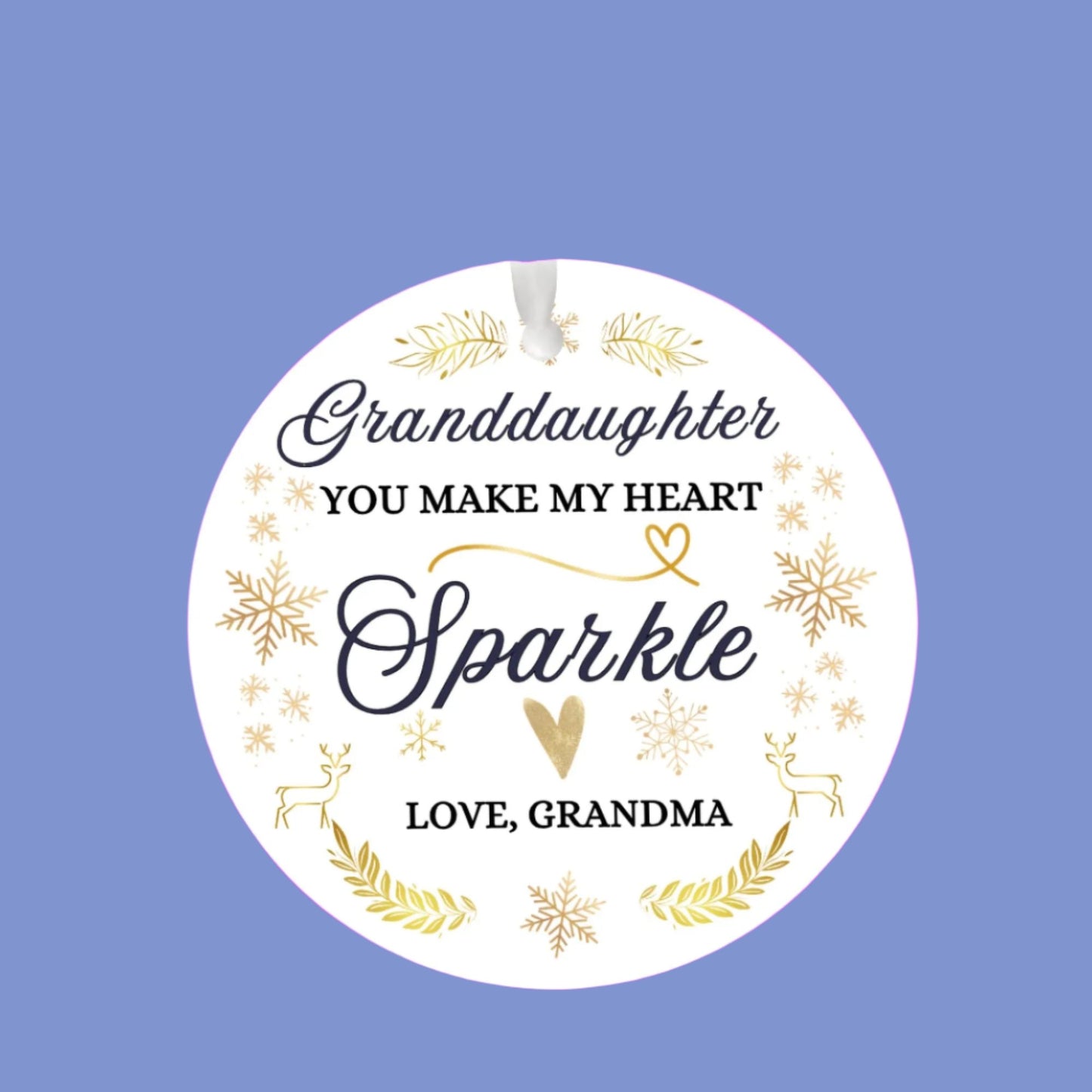 Granddaughter Christmas Ornament, From Grandma, You make my heart sparkle, Elegant script with delicate snowflakes and sparkles.  Brings warmth and joy. Family Keepsake