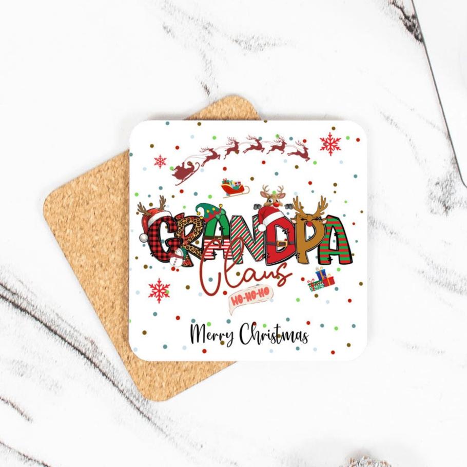 Grandpa Clause Coaster, Christmas Coaster, Special Gift for Grandpa, Gramps, Coffee coaster with patterned Lettering, pairs with Grandpa Clause Mug