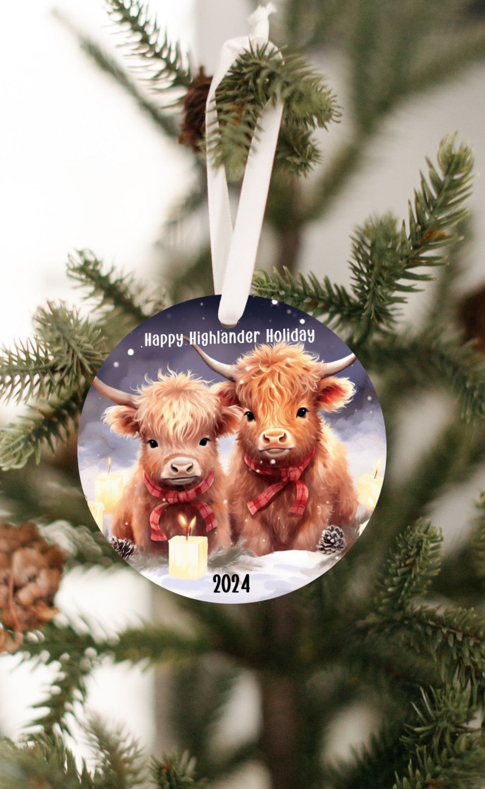 Happy Highlander Holidays Christmas Ornament, Baby Highland Cow Lovers, Highland Cow Decor, Rustic Farm Ornament