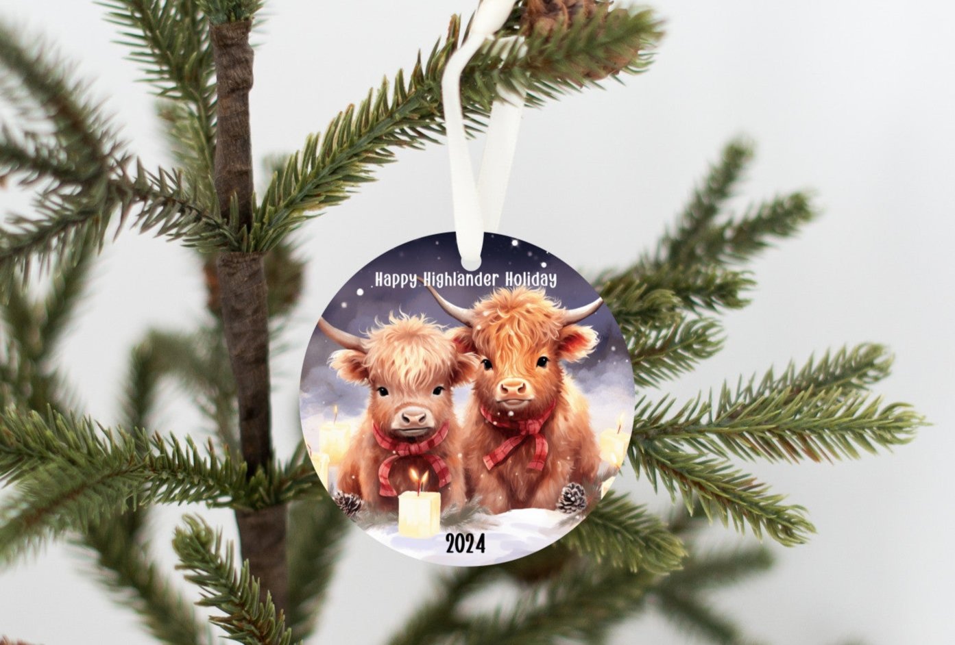 Happy Highlander Holidays Christmas Ornament, Baby Highland Cow Lovers, Highland Cow Decor, Rustic Farm Ornament