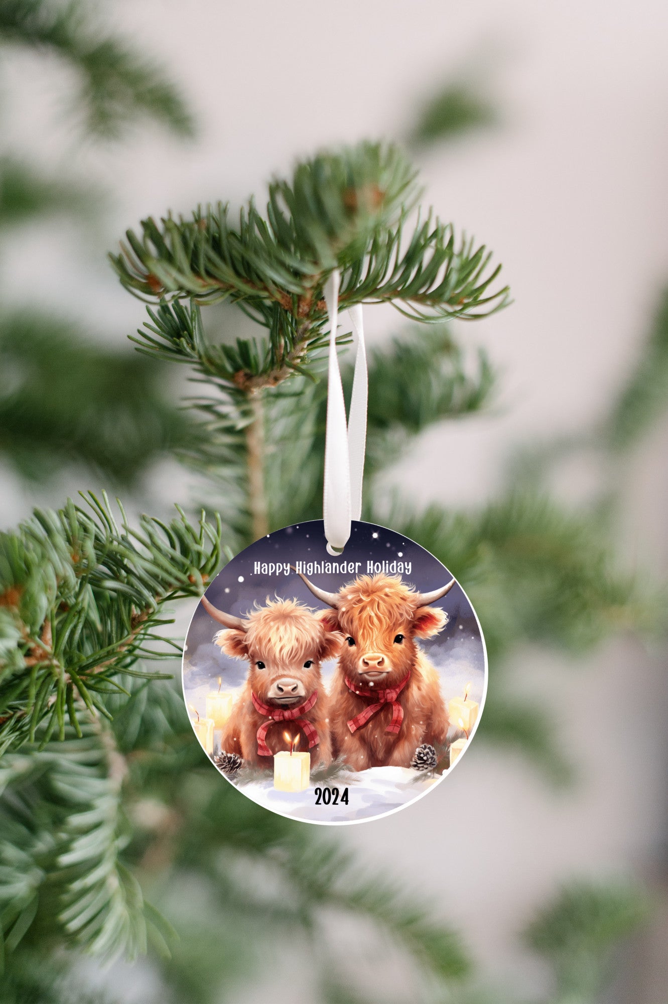 Happy Highlander Holidays Christmas Ornament, Baby Highland Cow Lovers, Highland Cow Decor, Rustic Farm Ornament