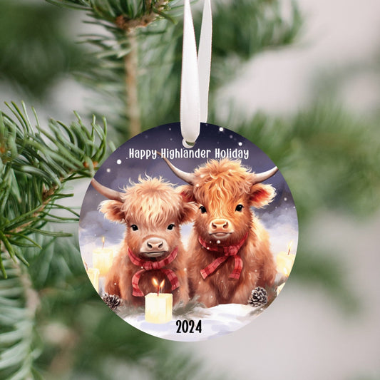 Happy Highlander Holidays Christmas Ornament, Baby Highland Cow Lovers, Highland Cow Decor, Rustic Farm Ornament