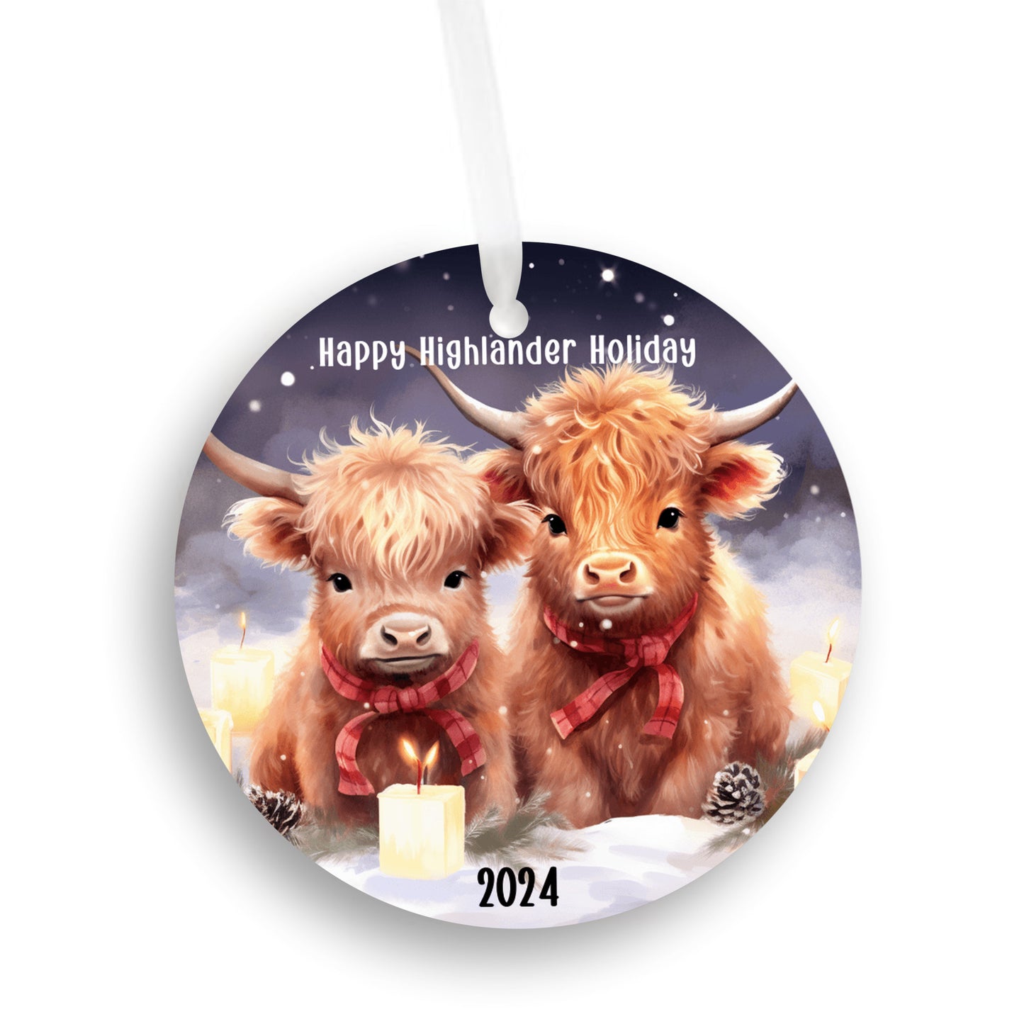 Happy Highlander Holidays Christmas Ornament, Baby Highland Cow Lovers, Highland Cow Decor, Rustic Farm Ornament