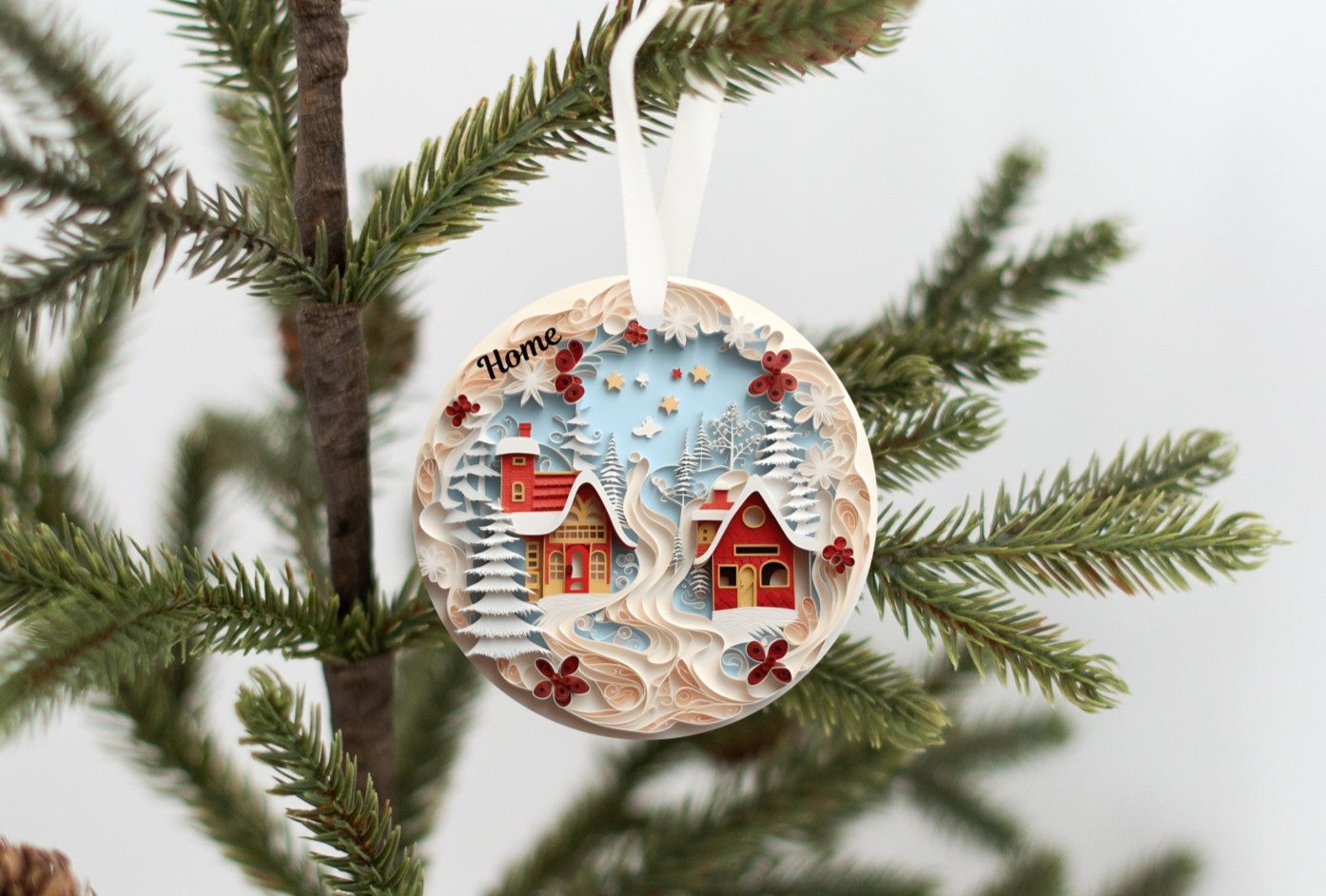 3D Christmas Ornament, 2 Beautiful Cottages by the ivory colored water and trees. Home to those who dream,  Family Keepsake