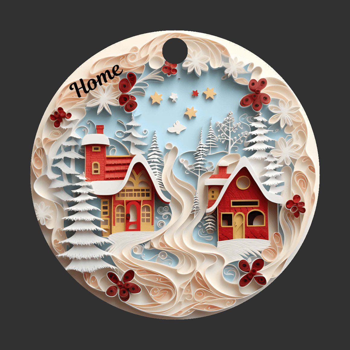 3D Christmas Ornament, 2 Beautiful Cottages by the ivory colored water and trees. Home to those who dream,  Family Keepsake