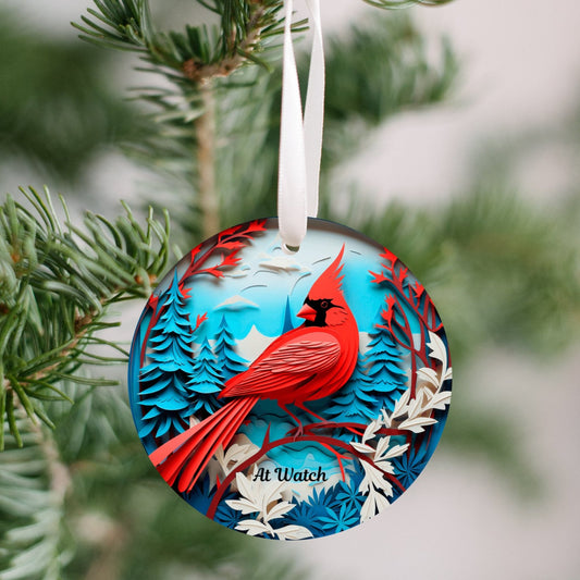 3D Red Cardinal Christmas Ornament, Deep Blue, Ivory and Red Colors, The Cardinal is a Guardian at watch, Loved ones watching