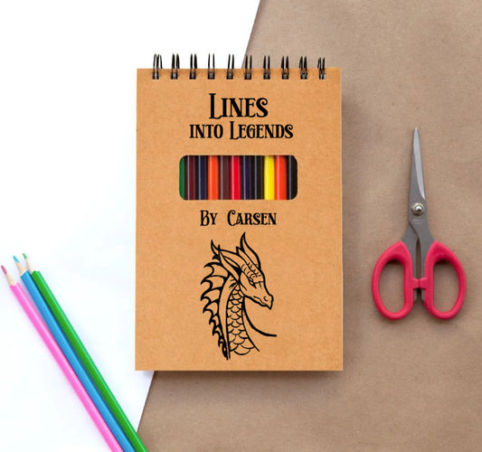 Personalized Sketch Pad for Kids, teens and aspiring and young artists, Sketch Pad with name and Dragon design, colored pencils included