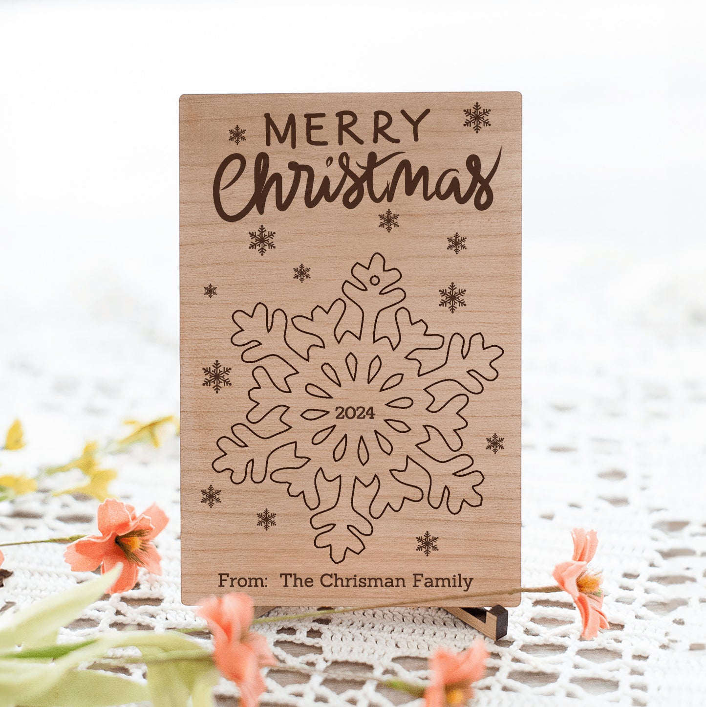 Snowflake Personalized Cherry Wood Postcard, Pop-Out  Ornament,  A Keepsake to Treasure