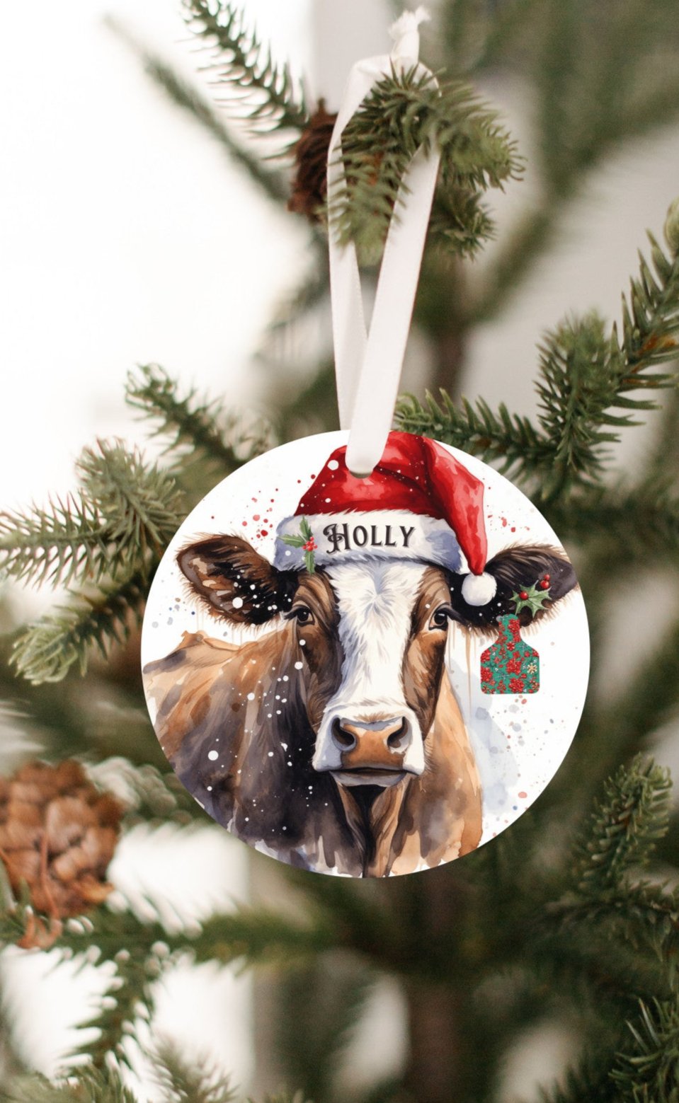 Personalized Christmas Cow Ornament with her matching, Holly Ear Tag and Santa Hat, Gift for cow lovers, Country Christmas