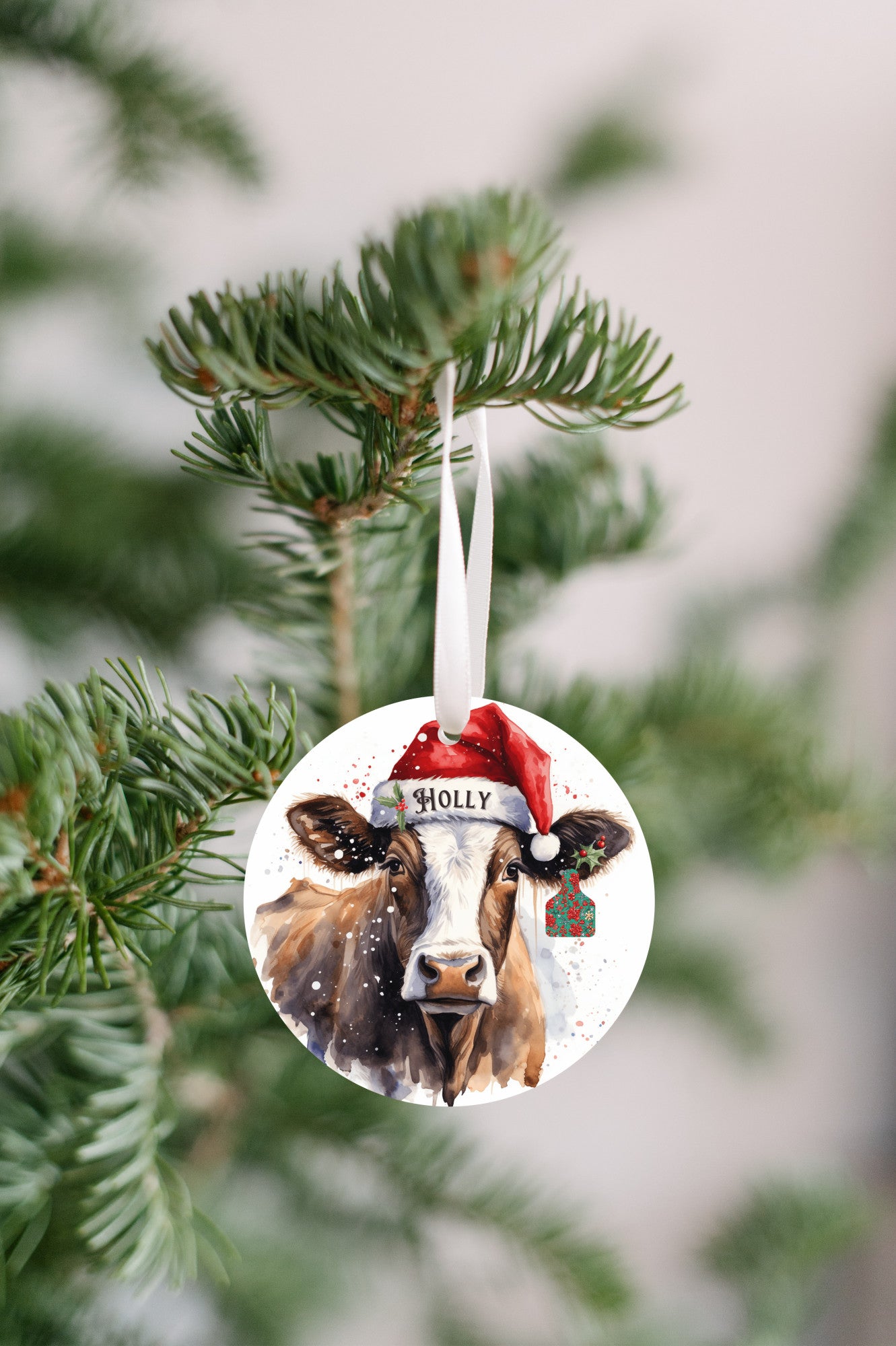 Personalized Christmas Cow Ornament with her matching, Holly Ear Tag and Santa Hat, Gift for cow lovers, Country Christmas