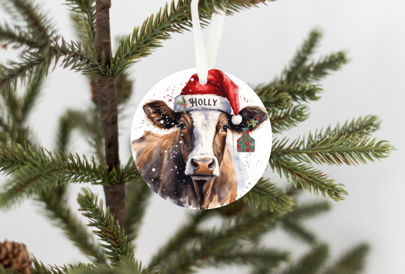 Personalized Christmas Cow Ornament with her matching, Holly Ear Tag and Santa Hat, Gift for cow lovers, Country Christmas