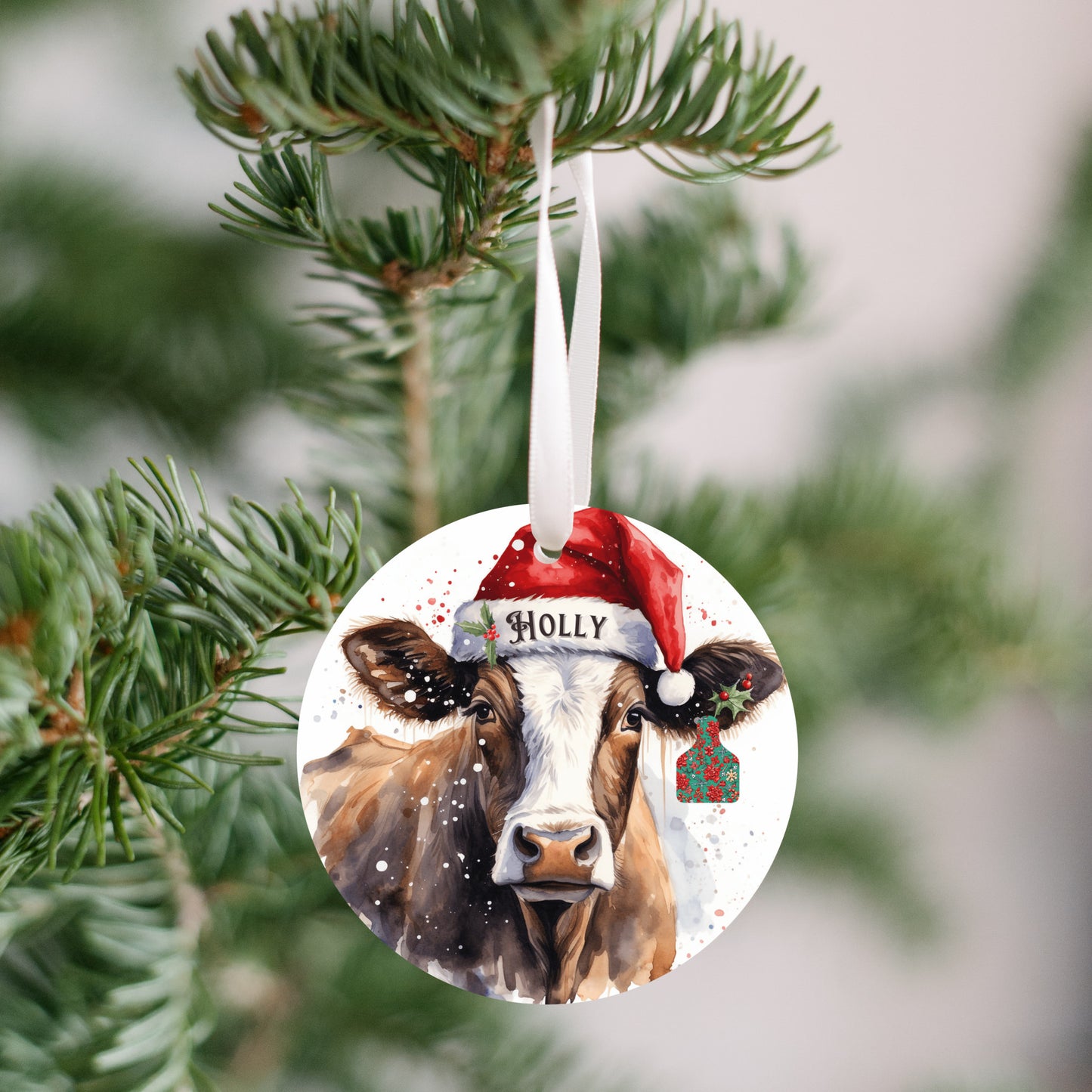 Personalized Christmas Cow Ornament with her matching, Holly Ear Tag and Santa Hat, Gift for cow lovers, Country Christmas