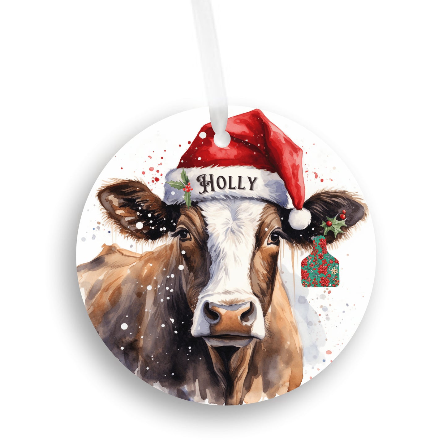 Personalized Christmas Cow Ornament with her matching, Holly Ear Tag and Santa Hat, Gift for cow lovers, Country Christmas